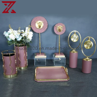 Bandeja nórdica de armazenamento de joias de couro PU, relógio de mesa, vaso de enfeites de cervo de metal para decoração de casa